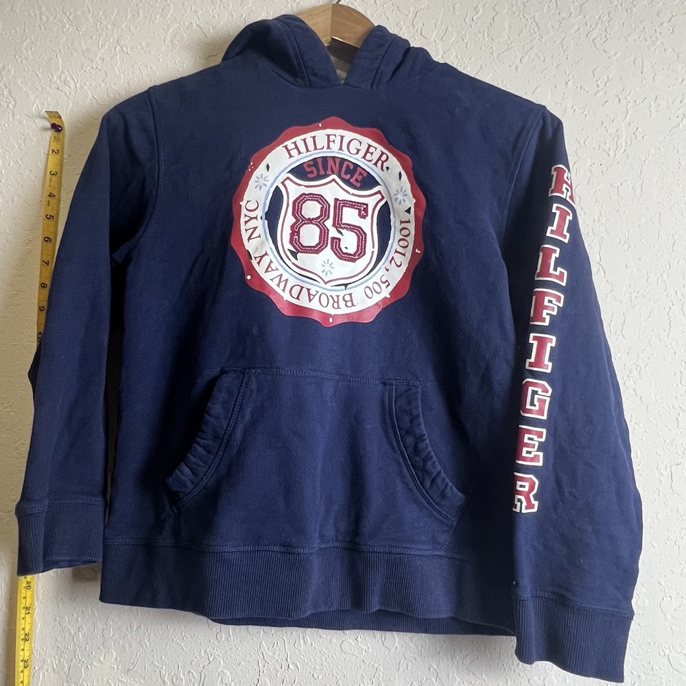 Y2K Tommy Hilfiger Hoodie Sweatshirt Boys M 12-14 Blue Spellout Embroidered